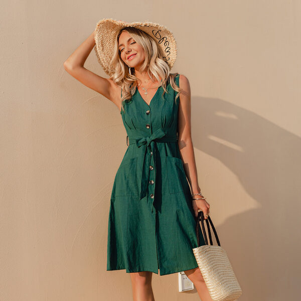 Pure Color V-neck Pocket Single-breasted Vest Skirt Is Thin And Elegant Dress
